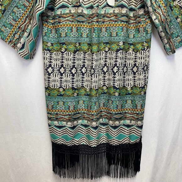 Dizzy Lizzy Bohemian Aztec Fringe Hem Open Front Cardigan Women Small Multicolor - Picture 12 of 15